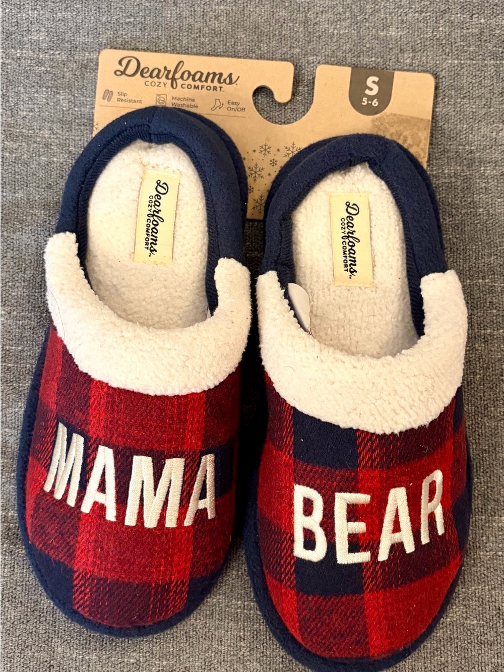 dearfoams Red and Navy Plaid 'Mama Bear' Cozy Slippers
